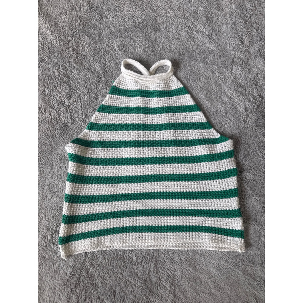 ASOS DESIGN Green White Striped Crochet Halter Top Knit Cross Back Size M